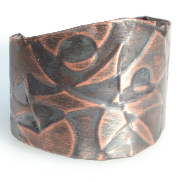 Conceptual Subculture Jewelry - Abstract Wide Copper Cuff Bracelet Embossed Boho